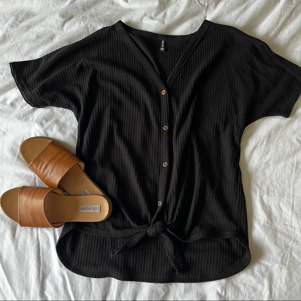 Waffle Knit Button Up Tie Front Blouse Top